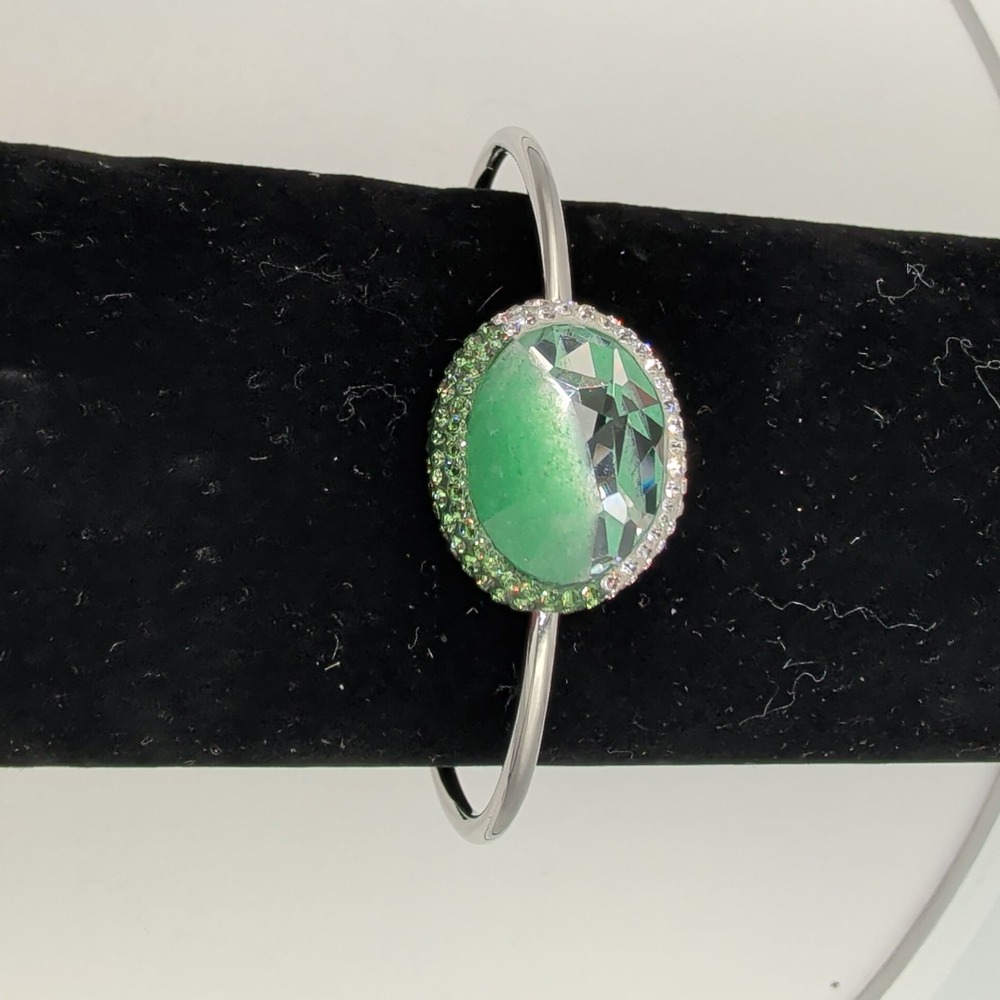 Swarovski Swan Signed Green‎ Crystal Silver Tone Rhodium Plated Bangle Bracelet